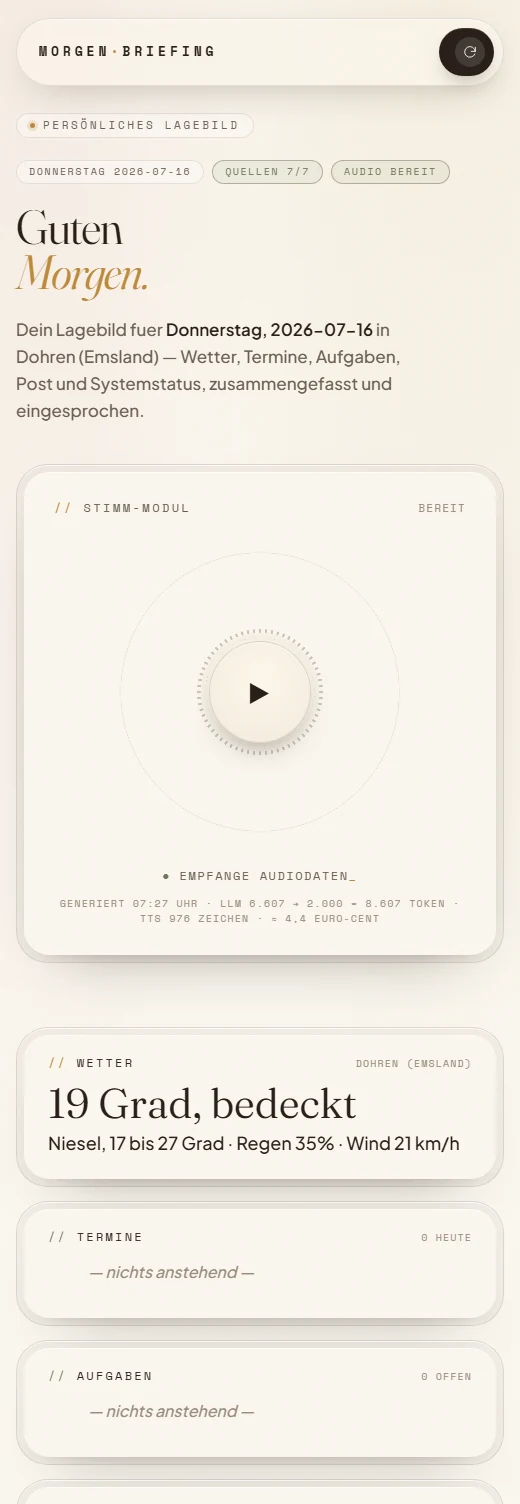 Morning-Briefing — Kopfbereich mit Stimm-Modul und Wetter