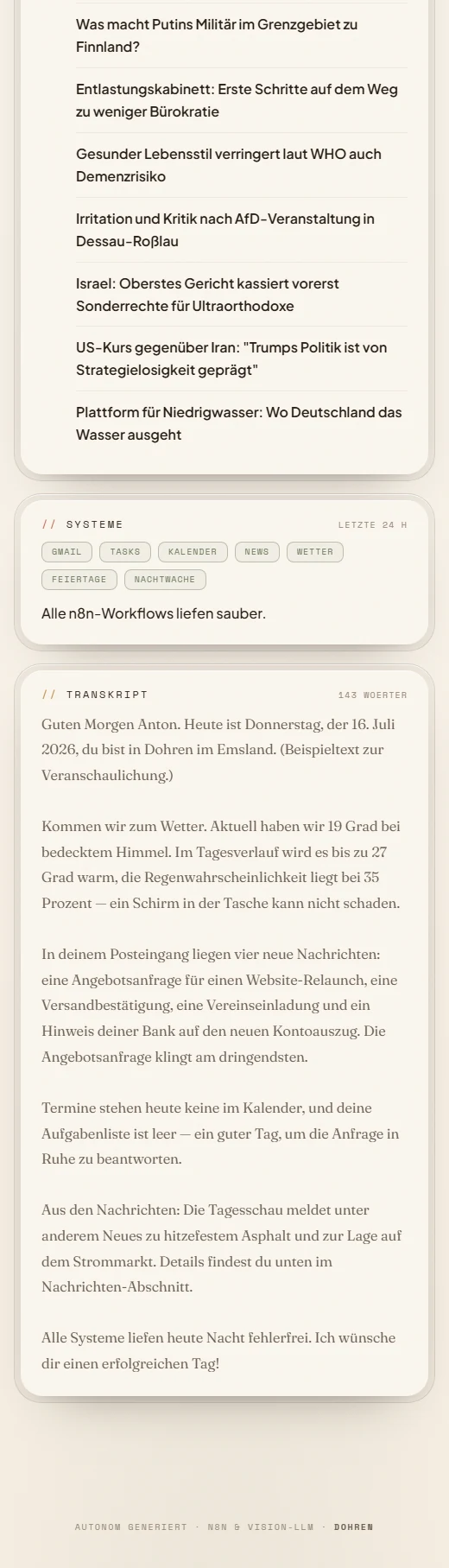 Morning-Briefing — weitere Quellen, Systemstatus und Skript des Tages