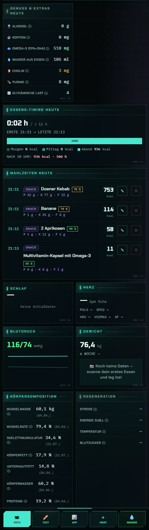 Vital HUD — Vitamine, Mahlzeiten-Protokoll, Blutdruck, Gewicht und Körperkomposition