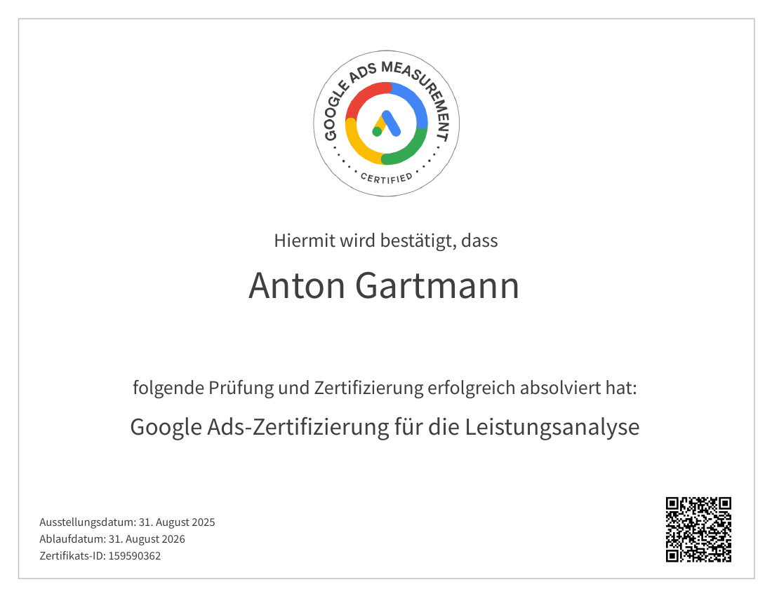 Zertifikat: Google Ads – Leistungsanalyse — Google Skillshop