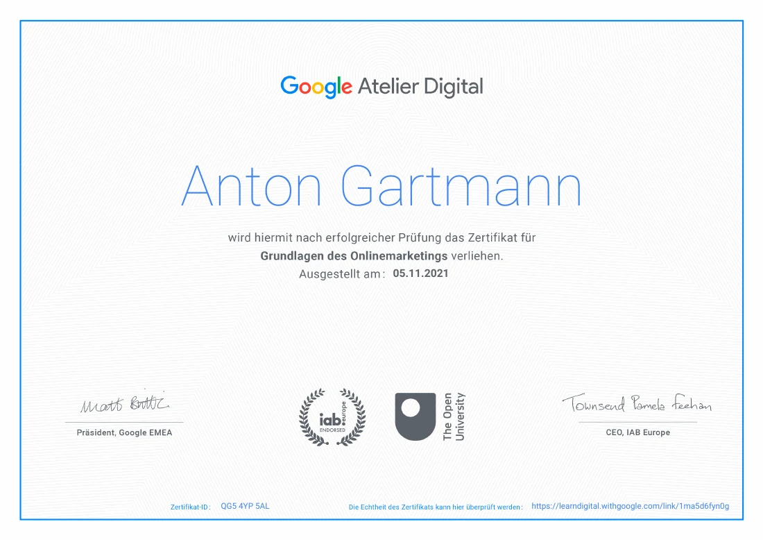 Zertifikat: Atelier Digital, Grundlagen des Onlinemarketings — Google
