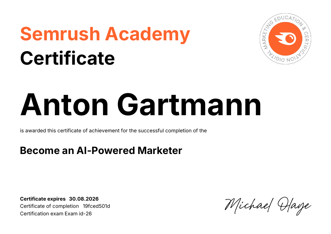Zertifikat: Certified AI-Powered Marketer — Semrush Academy
