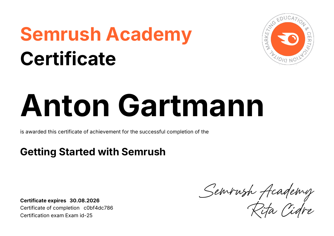 Zertifikat: Getting Started with Semrush — Semrush Academy