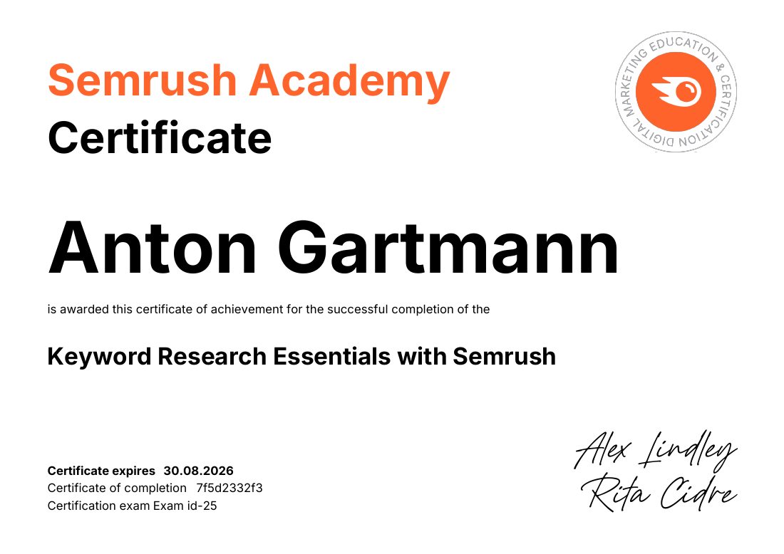 Zertifikat: Keyword Research Essentials — Semrush Academy
