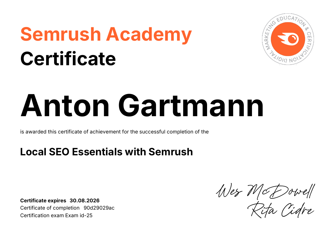 Zertifikat: Local SEO Essentials — Semrush Academy