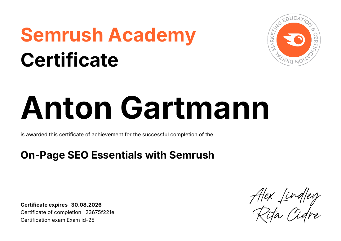Zertifikat: On-Page SEO Essentials — Semrush Academy