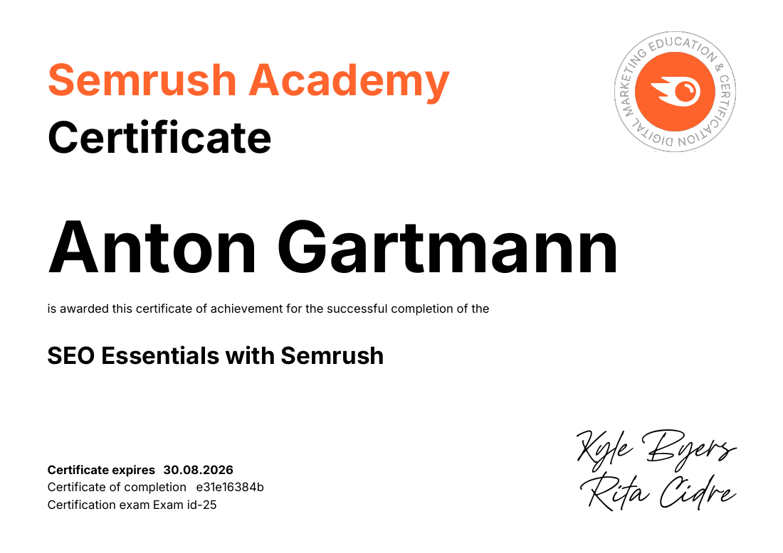 Zertifikat: SEO Essentials — Semrush Academy
