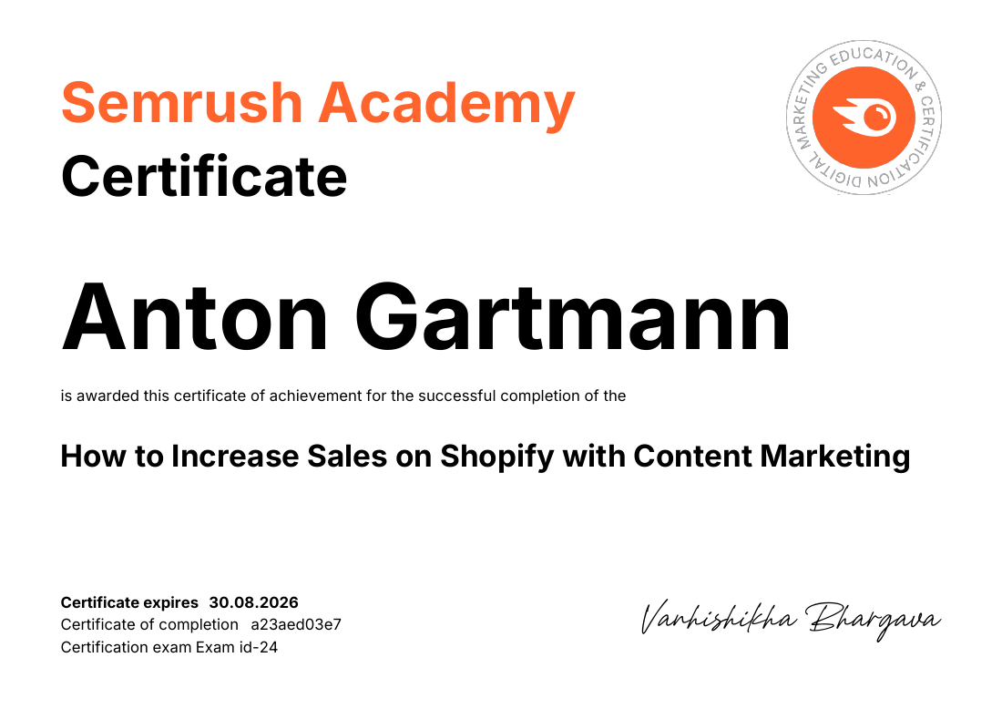 Zertifikat: How to Increase Sales on Shopify with Content Marketing — Semrush Academy